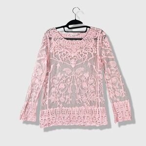 Breeze Ever Lace Mesh Top Womens Small Pink Long Sleeve Boho Romantic Floral